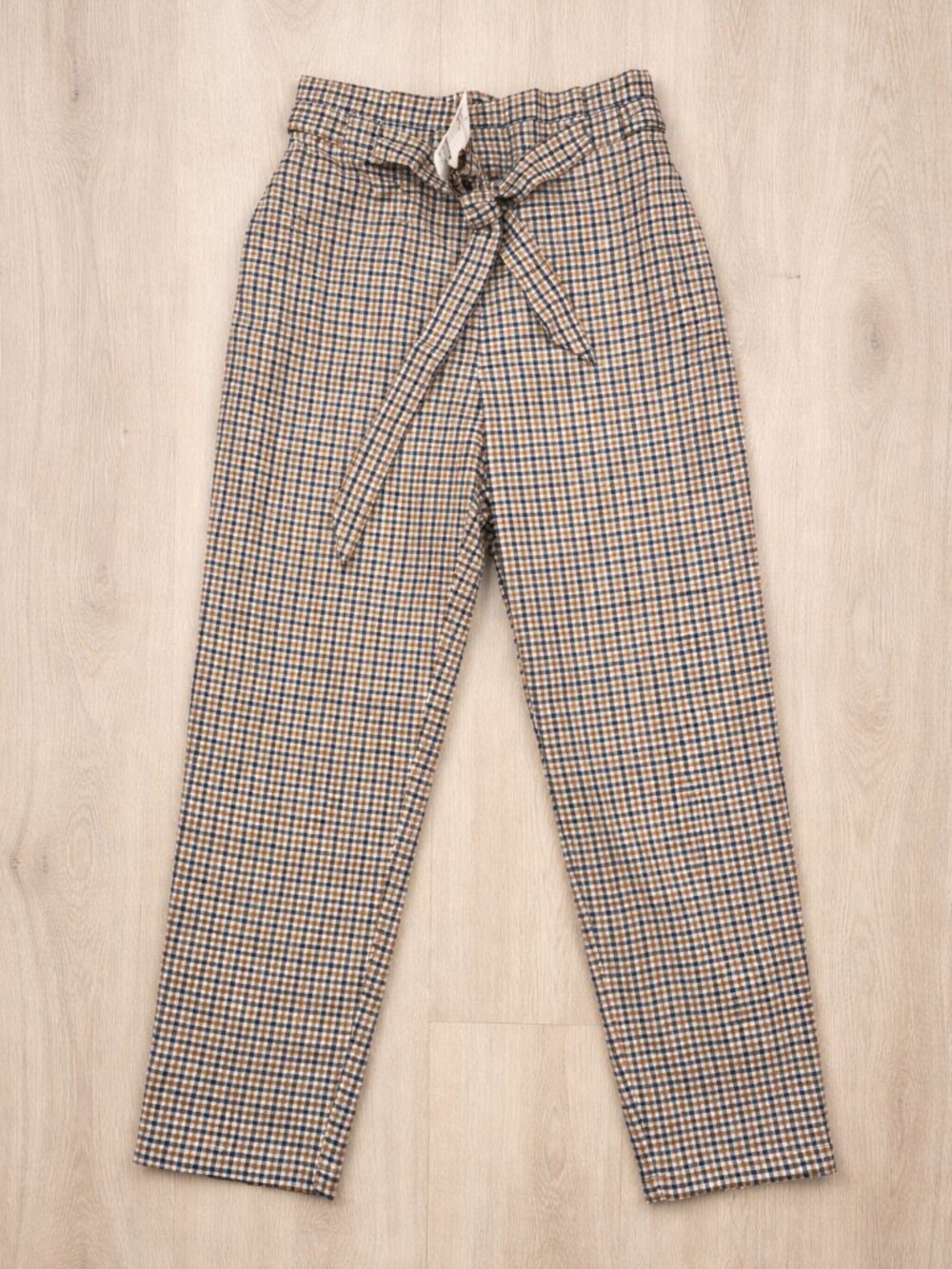 H&M Plaid Paperbag Waist Pants 8 Brown Blue Casual Officecore Boss Babe NWT